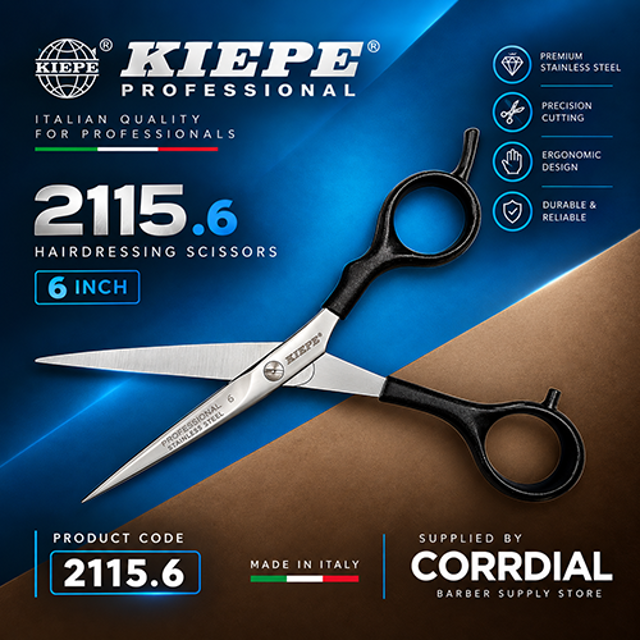 قیچی آرایشگاهی کیپه 2115 (ساخت ایتالیا + بیمه ارسال، 6 اینچ - KIEPE - PLASTIC HANDLE - SONIC)