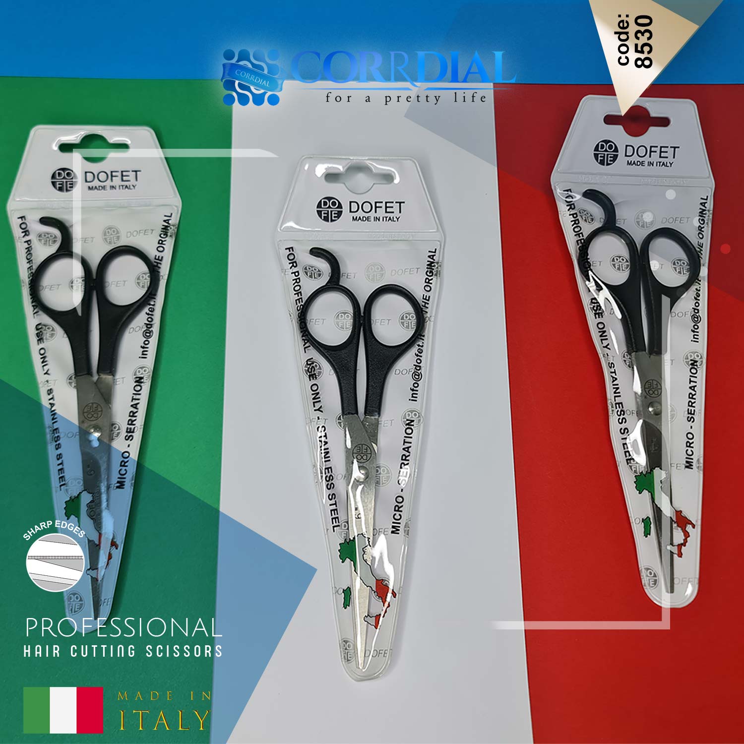 قیچی آرایشگاهی دوفت (ساخت ایتالیا ، عمده و خرده فروشی ، بیمه ارسال ، بسته 1 عددی ، مدل 8530، 6 اینچ - DOFET - PLASTIC HANDLE SERIES)